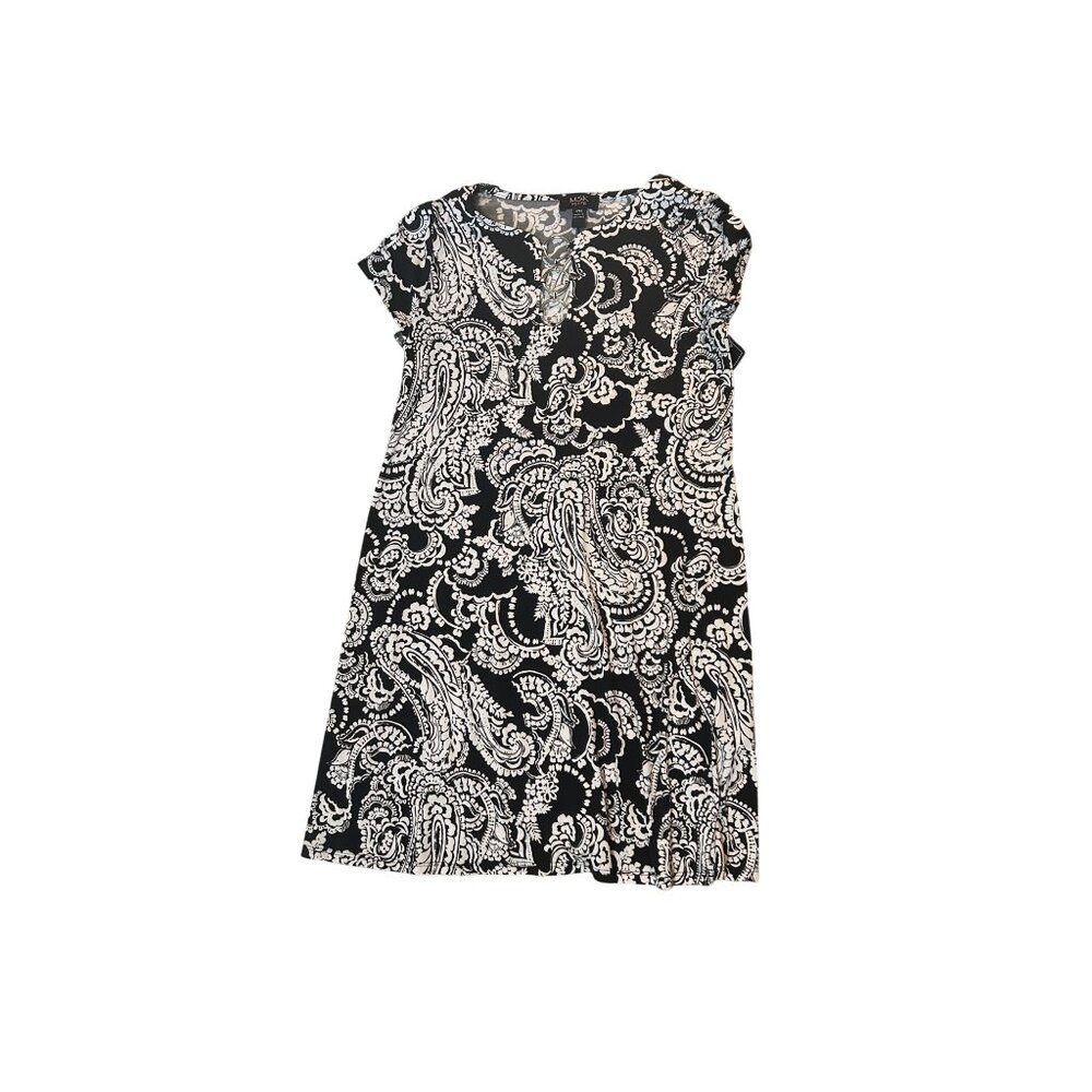 MSK Petite Black White Paisley Print Dress PM Short Sleeve Knee Length 1727
